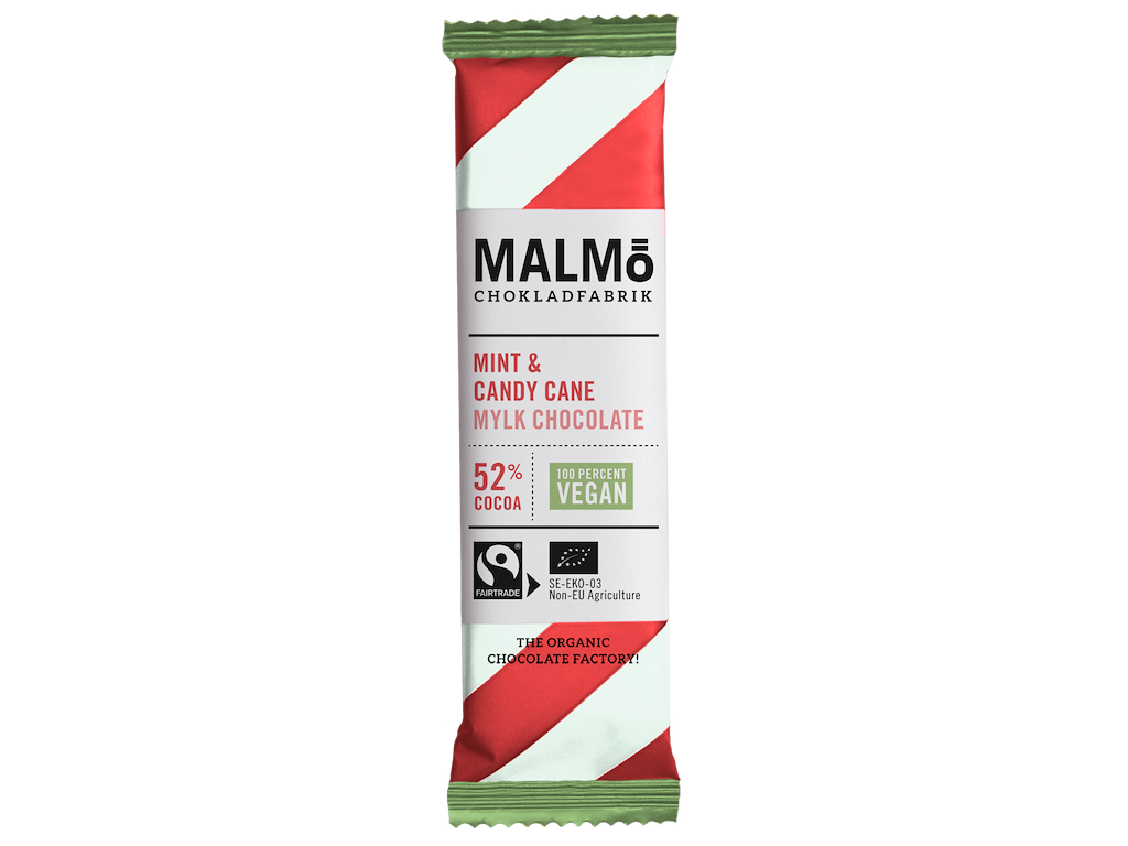Malmö lys vegansk chokoladebar med mint og candy cane 25 g