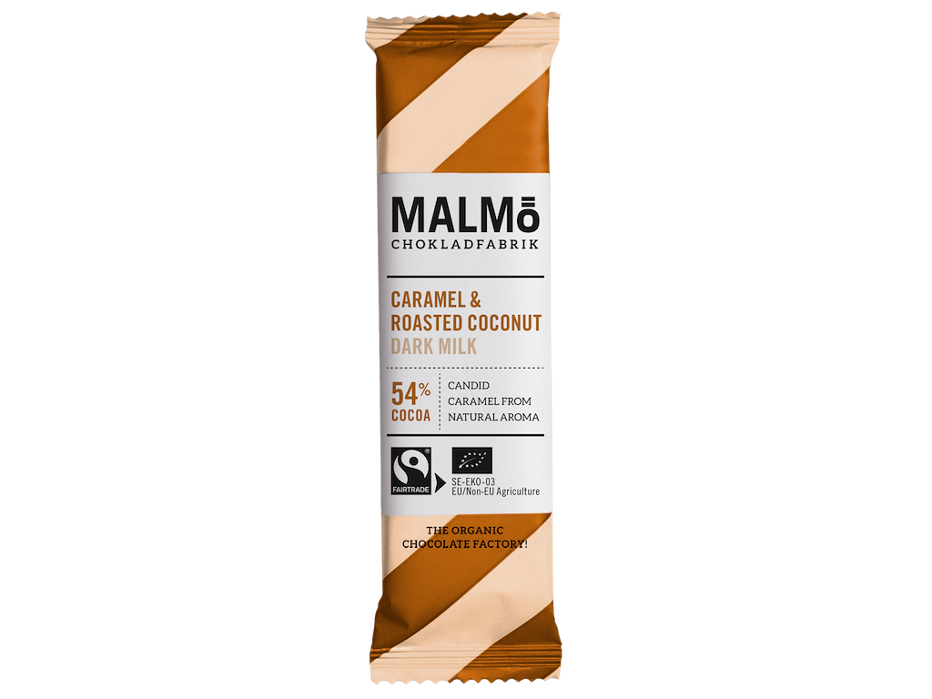 Malmö mørk lys chokoladebar med karamel og ristet kokos 25 g